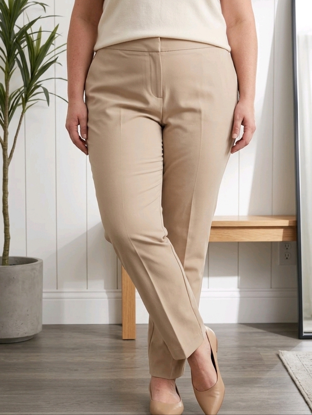 Lafayette 148 SZ 18W Beige Lined Stretch Virgin Wool Preppy Smart Office Trouser